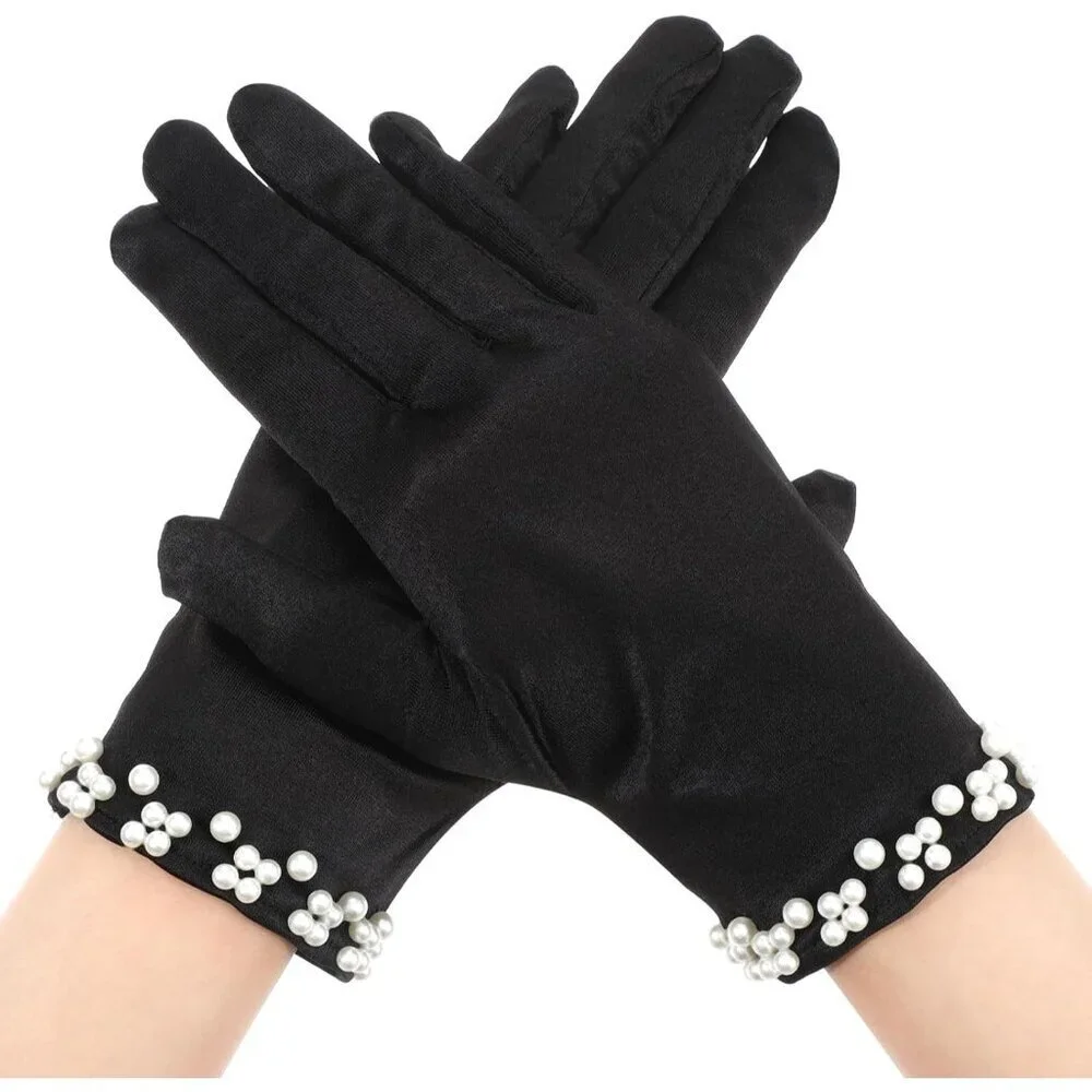 Women's Black Short Satin Wedding Tuxedo Pearl Floral Imported Polyester Gloves